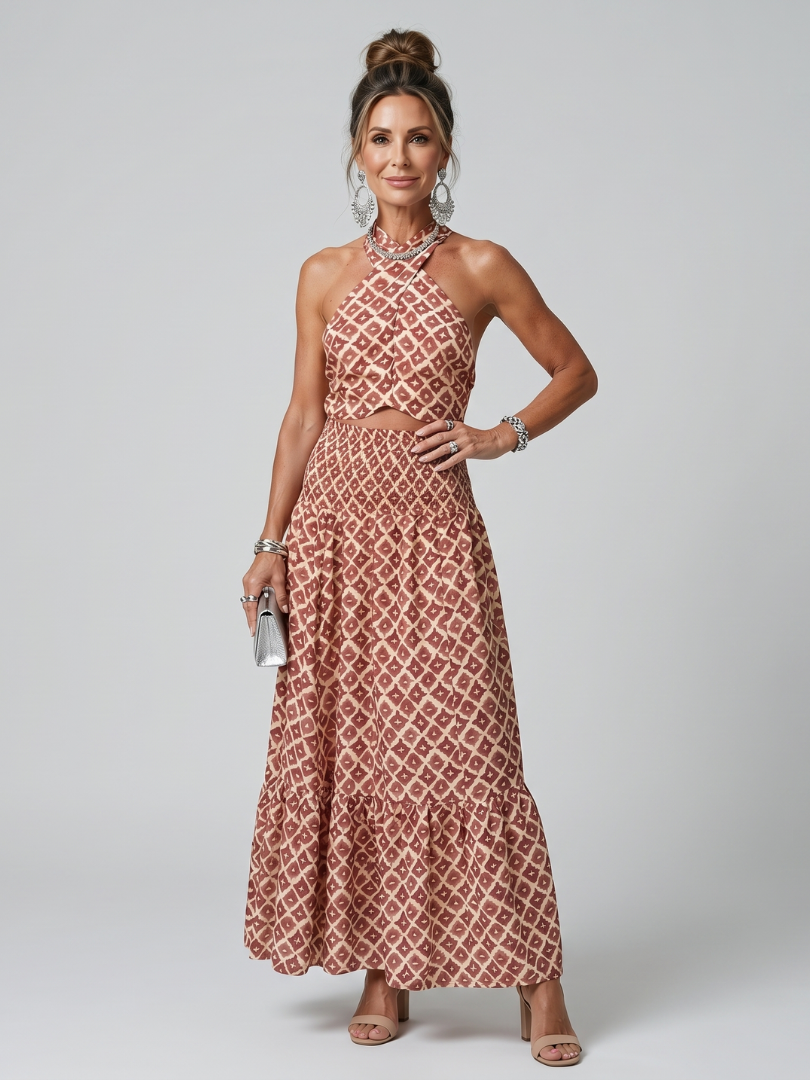 Ivana | Halter Geometrijski Print Izrezani Midi Haljina