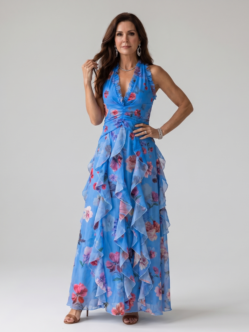 Dragana | Halter Neck Ruffled Bodice Cvjetna Maxi Haljina