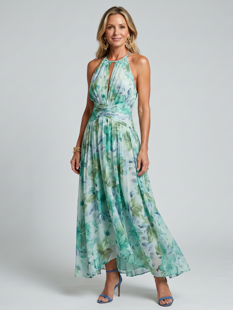 Marija  | Halter Midi Haljina sa Naborima i Mekanim Cvjetnim Uzorkom