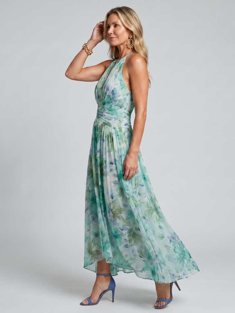 Marija  | Halter Midi Haljina sa Naborima i Mekanim Cvjetnim Uzorkom