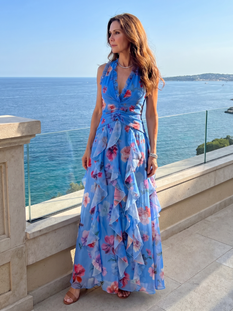 Dragana | Halter Neck Ruffled Bodice Cvjetna Maxi Haljina